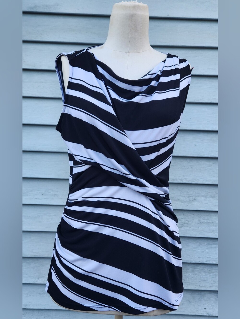 New York & Company Womens Black and White Striped Sleeveless Draped Top Size S